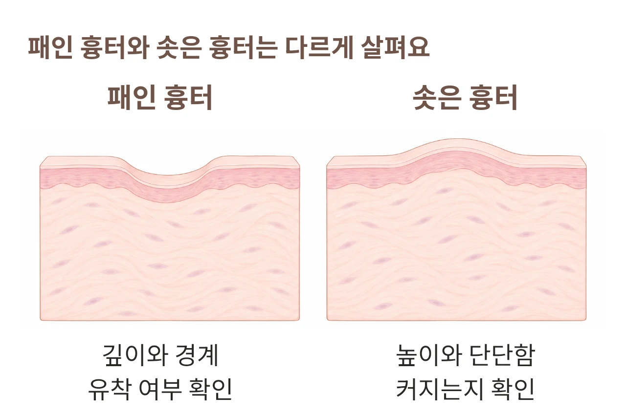 주변 피부보다 낮은 패인 흉터와 주변 피부보다 높은 솟은 흉터의 단면 비교 그림