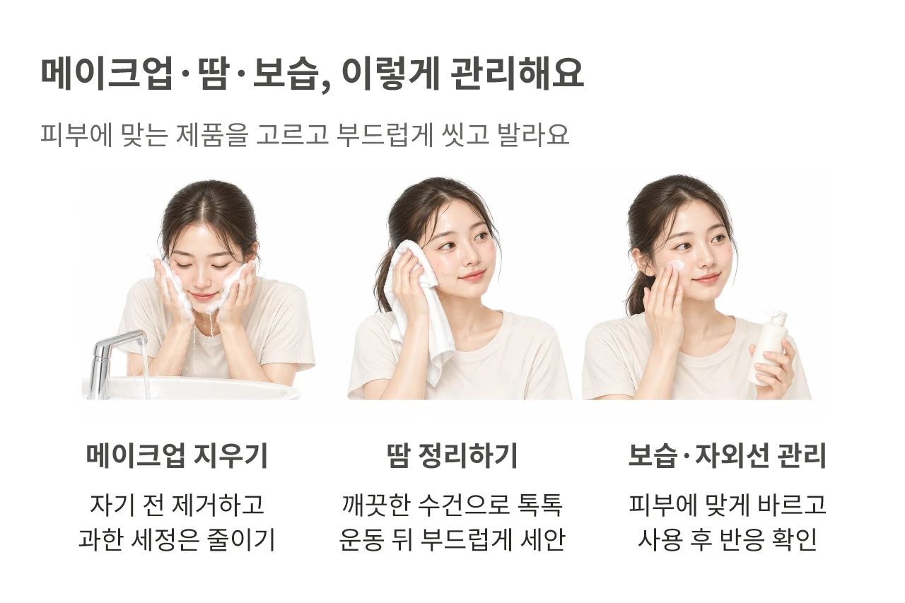 메이크업·땀·보습, 이렇게 관리해요. 피부에 맞는 제품을 고르고 부드럽게 씻고 발라요