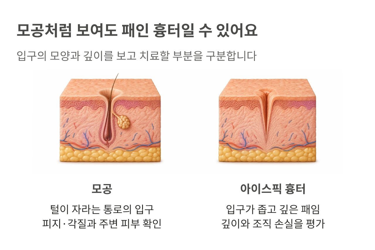 모공처럼 보여도 패인 흉터일 수 있어요. 입구의 모양과 깊이를 보고 치료할 부분을 구분합니다