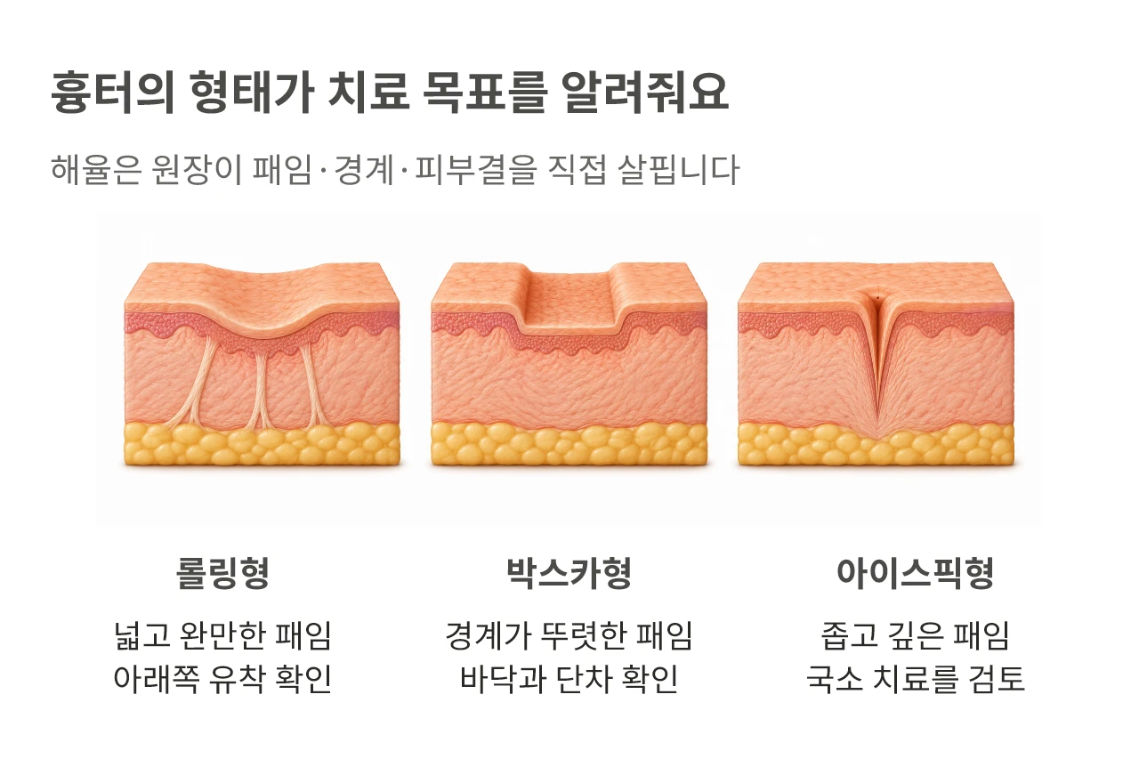 흉터의 형태가 치료 목표를 알려줘요. 해율은 원장이 패임·경계·피부결을 직접 살핍니다