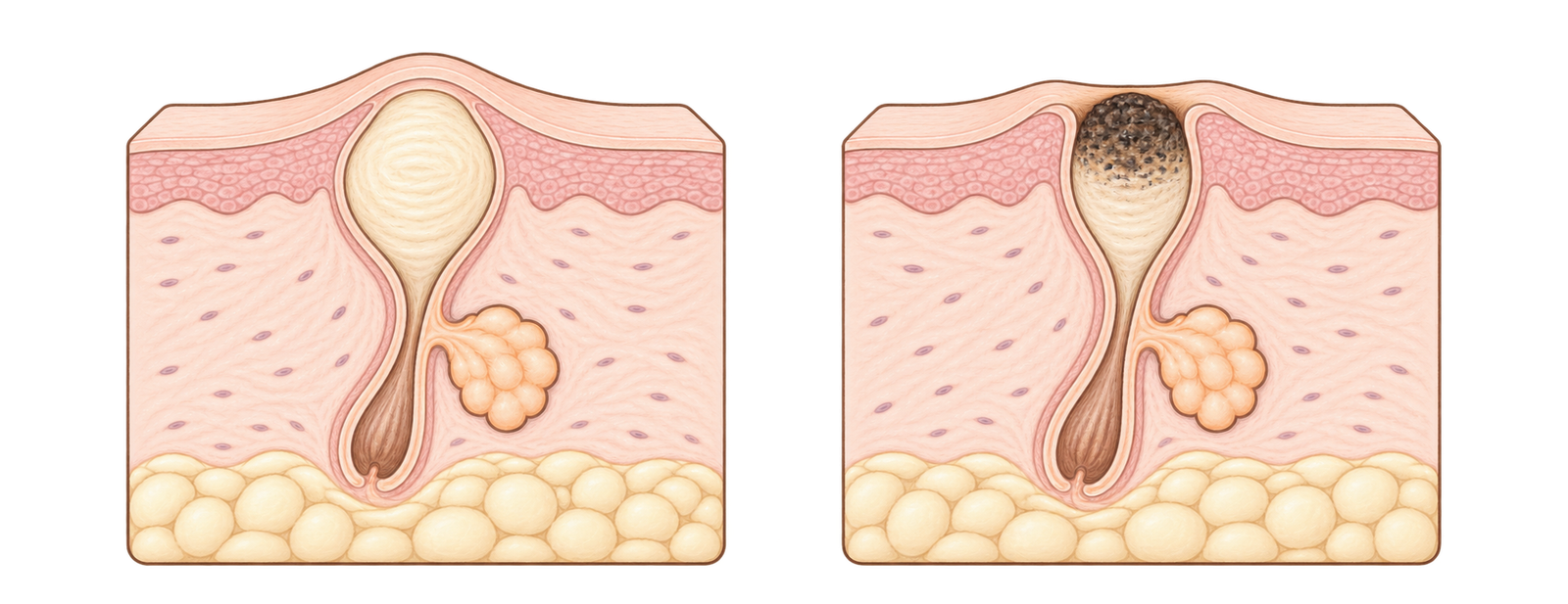 모낭 입구 아래 각질과 피지 성분이 쌓인 닫힌 면포의 단면
